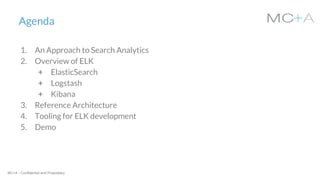 MC+A - Confidential and Proprietary
Agenda
1. An Approach to Search Analytics
2. Overview of ELK
+ ElasticSearch
+ Logstash
+ Kibana
3. Reference Architecture
4. Tooling for ELK development
5. Demo
 