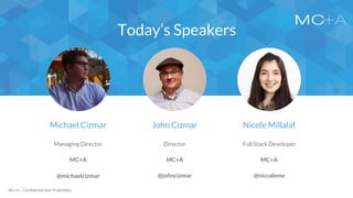 MC+A - Confidential and Proprietary
Today’s Speakers
Michael Cizmar
Managing Director
MC+A
@michaelcizmar
John Cizmar
Director
MC+A
@johncizmar
Nicole Millalaf
Full Stack Developer
MC+A
@niccoleme
 