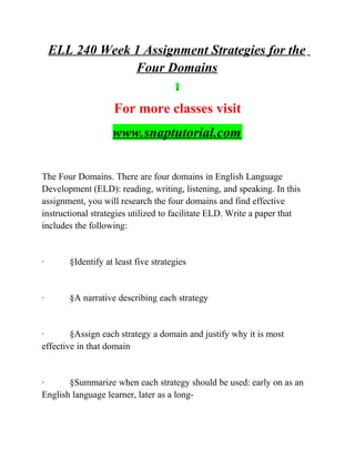 ELL 240 Week 1 Assignment Strategies for the
Four Domains
For more classes visit
www.snaptutorial.com
The Four Domains. There are four domains in English Language
Development (ELD): reading, writing, listening, and speaking. In this
assignment, you will research the four domains and find effective
instructional strategies utilized to facilitate ELD. Write a paper that
includes the following:
· §Identify at least five strategies
· §A narrative describing each strategy
· §Assign each strategy a domain and justify why it is most
effective in that domain
· §Summarize when each strategy should be used: early on as an
English language learner, later as a long-
 