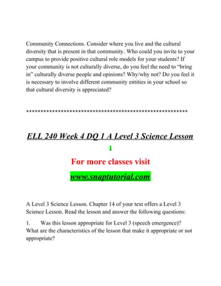 Community Connections. Consider where you live and the cultural
diversity that is present in that community. Who could you invite to your
campus to provide positive cultural role models for your students? If
your community is not culturally diverse, do you feel the need to “bring
in” culturally diverse people and opinions? Why/why not? Do you feel it
is necessary to involve different community entities in your school so
that cultural diversity is appreciated?
********************************************************
ELL 240 Week 4 DQ 1 A Level 3 Science Lesson
For more classes visit
www.snaptutorial.com
A Level 3 Science Lesson. Chapter 14 of your text offers a Level 3
Science Lesson. Read the lesson and answer the following questions:
1. Was this lesson appropriate for Level 3 (speech emergence)?
What are the characteristics of the lesson that make it appropriate or not
appropriate?
 