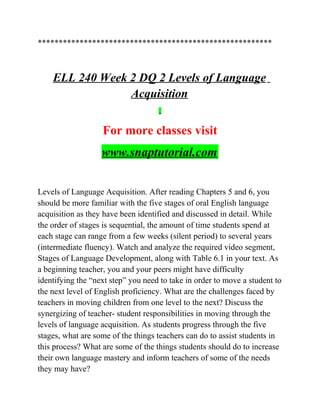 ********************************************************
ELL 240 Week 2 DQ 2 Levels of Language
Acquisition
For more classes visit
www.snaptutorial.com
Levels of Language Acquisition. After reading Chapters 5 and 6, you
should be more familiar with the five stages of oral English language
acquisition as they have been identified and discussed in detail. While
the order of stages is sequential, the amount of time students spend at
each stage can range from a few weeks (silent period) to several years
(intermediate fluency). Watch and analyze the required video segment,
Stages of Language Development, along with Table 6.1 in your text. As
a beginning teacher, you and your peers might have difficulty
identifying the “next step” you need to take in order to move a student to
the next level of English proficiency. What are the challenges faced by
teachers in moving children from one level to the next? Discuss the
synergizing of teacher- student responsibilities in moving through the
levels of language acquisition. As students progress through the five
stages, what are some of the things teachers can do to assist students in
this process? What are some of the things students should do to increase
their own language mastery and inform teachers of some of the needs
they may have?
 