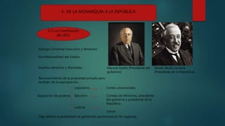 3- DE LA MONARQUÍA A LA REPÚBLICA
3.3 La Constitución
de 1931
Sufragio Universal masculino y femenino
Aconfesionalidad del Estado.
Amplios derechos y libertades.
Reconocimiento de la propiedad privada pero
también de la expropiación.
Separación de poderes.
Legislativo
Ejecutivo
Judicial
Cortes unicamerales
Consejo de Ministros, presidente
del gobierno y presidente de la
República.
Jueces
Manuel Azaña (Presidente del
gobierno)
Niceto Alcalá Zamora
(Presidente de la República)
Deja abierta la posibilidad de gobiernos autónomos en las regiones.
 
