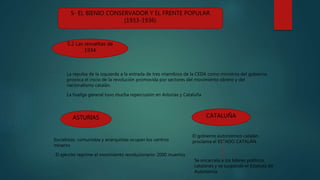5- EL BIENIO CONSERVADOR Y EL FRENTE POPULAR
(1933-1936)
5.2 Las revueltas de
1934
La repulsa de la izquierda a la entrada de tres miembros de la CEDA como ministros del gobierno
provoca el inicio de la revolución promovida por sectores del movimiento obrero y del
nacionalismo catalán.
La huelga general tuvo mucha repercusión en Asturias y Cataluña
ASTURIAS CATALUÑA
Socialistas, comunistas y anarquistas ocupan los centros
mineros
El ejército reprime el movimiento revolucionario: 2000 muertos
El gobierno autonómico catalán
proclama el ESTADO CATALÁN.
Se encarcela a los líderes políticos
catalanes y se suspende el Estatuto de
Autonomía.
 