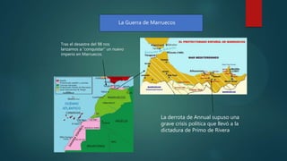La Guerra de Marruecos
La derrota de Annual supuso una
grave crisis política que llevó a la
dictadura de Primo de Rivera
Tras el desastre del 98 nos
lanzamos a “conquistar” un nuevo
imperio en Marruecos.
 