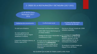 2- CRISIS DE LA RESTAURACIÓN Y DICTADURA (1917-1931)
2.1 El declive de la
Monarquía (1917-
1923)
Gobiernos de concentración Conflictividad social La Guerra de Marruecos
(Desastre de Annual)
Fin del turno dinástico
Se crean gobiernos de
concentración que no logran
estabilizar el sistema.
Crecen los sindicatos obreros, el
PSOE y nace el PCE.
Numerosas movilizaciones obreras
1918-1920: Trienio Bolchevique en
el campo andaluz.
Huelgas en las zonas industriales: LA
Canadiense en 1919.
El miedo de las clases burguesas se
manifiesta en el pistolerismo
(bandas armadas a sueldo de los
patronos que asesinaban líderes
sindicales).
NO OLVIDAR QUE ACABA DE TENER LUGAR LA REV. RUSA
Derrota en Annual: muerte de 12000
soldados españoles.
La investigación (expediente
Picasso) sobre las causas del
desastre apuntan a la alta
responsabilidad del rey: la
monarquía corre peligro.
Se produce un golpe Estado por
Miguel Primo de Rivera.
 