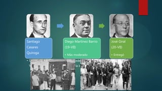 Santiago
Casares
Quiroga
• Dimisión (18-
VII)
Diego Martínez Barrio
(19-VII)
• Más moderado
• No puede negociar el
fin de la insurrección
José Giral
(20-VII)
• Entregó
armas a las
milicias
 