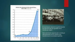 El crecimiento industrial español durante
los años 60 solo fue igualado en le
mundo por Japón.
Este crecimiento espectacular contribuyó
decisivamente en los cambios que
transformaron la sociedad española.
 