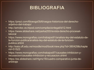 • https://prezi.com/6toeogol3bft/rasgos-historicos-del-derecho-
adjetivo-del-trabajo/
• http://amvlex.ve.tripod.com/compilacionlegal/id12.html
• https://www.slideshare.net/parka200/revista-derecho-procesal-
laboral
• https://www.monografias.com/trabajos91/analisis-ley-del-estatuto-de-
la-funcion-publica/analisis-ley-del-estatuto-de-la-funcion-
publica.shtml
• http://saia.uft.edu.ve/moodle/mod/book/view.php?id=380429&chapte
rid=51523
• https://www.monografias.com/trabajos97/causales-inhibicion-y-
recusacion/causales-inhibicion-y-recusacion.shtml
• https://es.slideshare.net/Hgmz18/cuadro-comparativo-junta-de-
arbitraje
 