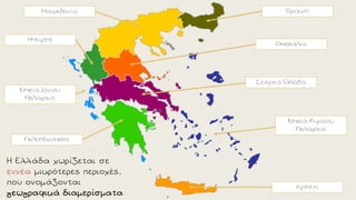 Η Ελλάδα χωρίζεται σε
εννέα μικρότερες περιοχές,
που ονομάζονται
γεωγραφικά διαμερίσματα.
ΘράκηΜακεδονία
Θεσσαλία
Ήπειρος
Στερεά Ελλάδα
Πελοπόννησος
Κρήτη
Νησιά Ιονίου
Πελάγους
Νησιά Αιγαίου
Πελάγους
 