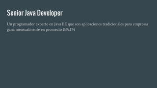 Senior Java Developer
Un programador experto en Java EE que son aplicaciones tradicionales para empresas
gana mensualmente en promedio $34,174
 