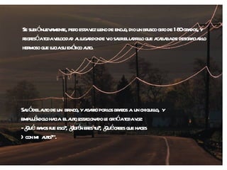 Se subió nuevamente, pero esta vez lleno de enojo, dio un brusco giro de 180 grados, y regresó a toda velocidad al lugar donde vio salir el ladrillo que acababa de desgraciar lo hermoso que lucia su exótico auto. Salió del auto de un  brinco, y agarro por los brazos a  un chiquillo,  y empujándolo hacia  el auto estacionado le gritó a toda voz: - ¿Qué  rayos fue eso?, ¿Quién eres tu?, ¿Qué crees que haces  >con mi  auto?". 