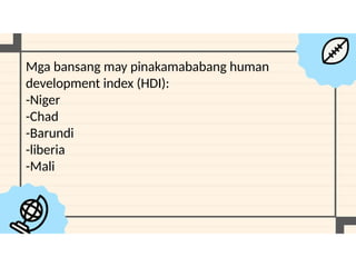 Mga bansang may pinakamababang human
development index (HDI):
-Niger
-Chad
-Barundi
-liberia
-Mali
 