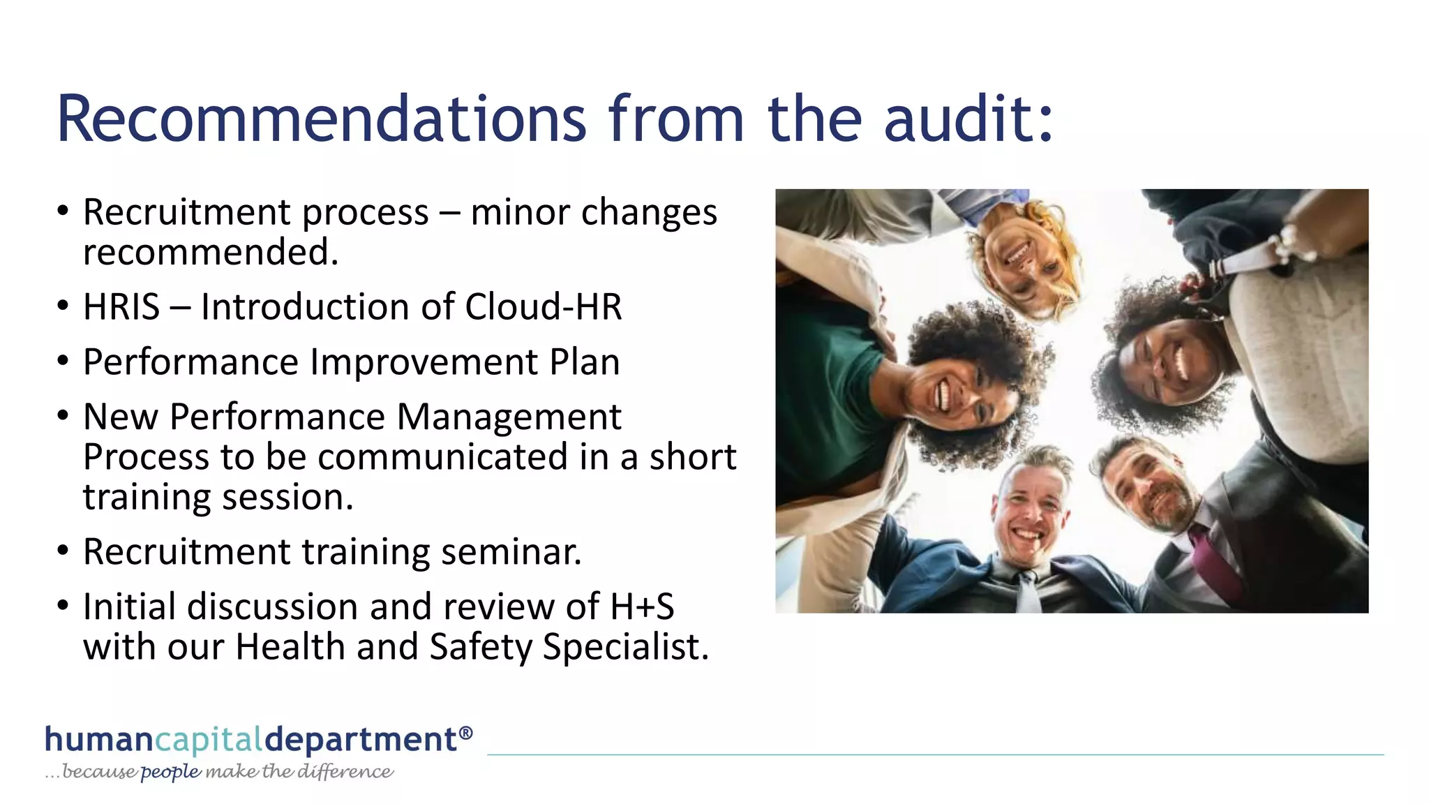 Recommendations from the audit:
• Recruitment process – minor changes
recommended.
• HRIS – Introduction of Cloud-HR
• Performance Improvement Plan
• New Performance Management
Process to be communicated in a short
training session.
• Recruitment training seminar.
• Initial discussion and review of H+S
with our Health and Safety Specialist.
 