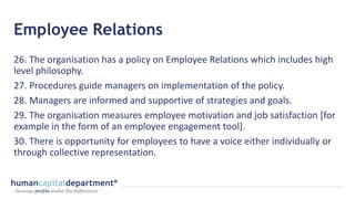 Employee Relations
26. The organisation has a policy on Employee Relations which includes high
level philosophy.
27. Procedures guide managers on implementation of the policy.
28. Managers are informed and supportive of strategies and goals.
29. The organisation measures employee motivation and job satisfaction [for
example in the form of an employee engagement tool].
30. There is opportunity for employees to have a voice either individually or
through collective representation.
 