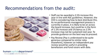 Recommendations from the audit:
• Staff can be awarded a 2.5% increase this
year in line with NJC guidelines. However, the
CEO is considering how to best distribute this.
As no performance management process is
currently in place, it is likely to be an across
the board increase, but could be in the form
of 1.5% increase and 1% bonus as 2.5%
increase may not be sustained next year. To
provide guidance on the best way to proceed.
• Pay Review [Pay is understood to be quite
generous compared to similar roles
elsewhere], however an independent pay
review would be useful in providing
benefactors and fund raisers with data.
 