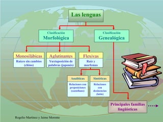 Las lenguas Clasificación Morfológica Clasificación Genealógica Monosilábicas Raíces sin cambios (chino) Aglutinantes Yuxtaposición de palabras (japonés) Flexivas Raíz y morfemas Analíticas Relaciones con preposiciones (castellano) Sintéticas Relaciones con desinencias (latín) Principales familias lingüísticas 