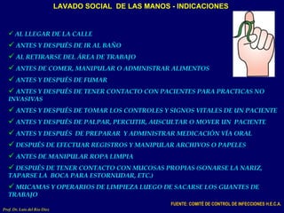 LAVADO SOCIAL  DE LAS MANOS - INDICACIONES AL LLEGAR DE LA CALLE ANTES Y DESPUÉS DE IR AL BAÑO AL RETIRARSE DEL ÁREA DE TRABAJO ANTES DE COMER, MANIPULAR O ADMINISTRAR ALIMENTOS ANTES Y DESPUÉS DE FUMAR ANTES Y DESPUÉS DE TENER CONTACTO CON PACIENTES PARA PRACTICAS NO INVASIVAS ANTES Y DESPUÉS DE TOMAR LOS CONTROLES Y SIGNOS VITALES DE UN PACIENTE ANTES Y DESPUÉS DE PALPAR, PERCUTIR, AUSCULTAR O MOVER UN  PACIENTE ANTES Y DESPUÉS  DE PREPARAR  Y ADMINISTRAR MEDICACIÓN VÍA ORAL DESPUÉS DE EFECTUAR REGISTROS Y MANIPULAR ARCHIVOS O PAPELES ANTES DE MANIPULAR ROPA LIMPIA DESPUÉS DE TENER CONTACTO CON MUCOSAS PROPIAS (SONARSE LA NARIZ, TAPARSE LA  BOCA PARA ESTORNUDAR, ETC.) MUCAMAS Y OPERARIOS DE LIMPIEZA LUEGO DE SACARSE LOS GUANTES DE TRABAJO FUENTE: COMITÉ DE CONTROL DE INFECCIONES H.E.C.A. Prof. Dr. Luis del Rio Diez 