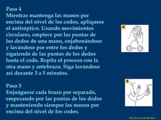 Paso 4 Mientras mantenga las manos por encima del nivel de los codos, aplíquese el antiséptico. Usando movimientos circulares, empiece por las puntas de los dedos de una mano, enjabonándose y lavándose por entre los dedos y siguiendo de las puntas de los dedos hasta el codo. Repita el proceso con la otra mano y antebrazo. Siga lavándose así durante 3 a 5 minutos. Paso 5 Enjuáguese cada brazo por separado, empezando por las puntas de los dedos y manteniendo siempre las manos por encima del nivel de los codos. Prof. Dr. Luis del Rio Diez 