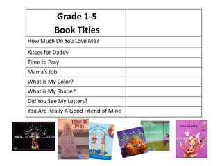 Grade 1-5
          Book Titles
How Much Do You Love Me?
Kisses for Daddy
Time to Pray
Mama’s Job
What is My Color?
What is My Shape?
Did You See My Letters?
You Are Really A Good Friend of Mine
 
