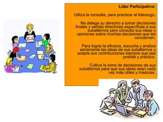Líder Participativo:

Utiliza la consulta, para practicar el liderazgo.

    No delega su derecho a tomar decisiones
 finales y señala directrices específicas a sus
        subalternos pero consulta sus ideas y
  opiniones sobre muchas decisiones que les
                                   conciernen.

    Para lograr la eficacia, escucha y analiza
   seriamente las ideas de sus subalternos y
  acepta sus contribuciones siempre que sea
                             posible y práctico.

         Cultiva la toma de decisiones de sus
   subalternos para que sus ideas sean cada
                     vez más útiles y maduras.
 