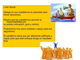 Líder liberal:

Delega en sus subalternos la autoridad para
tomar decisiones.

Espera que los subalternos asuman la
   responsabilidad por
su propia motivación, guía y control.

Proporciona muy poco contacto y apoyo para los
seguidores.

El subalterno tiene que ser altamente calificado y
capaz para que este enfoque tenga un resultado
final.
 