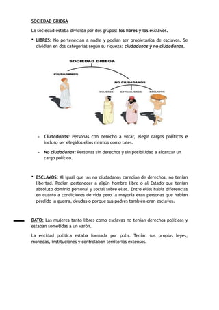 SOCIEDAD GRIEGA
La sociedad estaba dividida por dos grupos: los libres y los esclavos.
• LIBRES: No pertenecían a nadie y podían ser propietarios de esclavos. Se
dividían en dos categorías según su riqueza: ciudadanos y no ciudadanos.
- Ciudadanos: Personas con derecho a votar, elegir cargos políticos e
incluso ser elegidos ellos mismos como tales.
- No ciudadanos: Personas sin derechos y sin posibilidad a alcanzar un
cargo político.
• ESCLAVOS: Al igual que los no ciudadanos carecían de derechos, no tenían
libertad. Podían pertenecer a algún hombre libre o al Estado que tenían
absoluto dominio personal y social sobre ellos. Entre ellos había diferencias
en cuanto a condiciones de vida pero la mayoría eran personas que habían
perdido la guerra, deudas o porque sus padres también eran esclavos.
DATO: Las mujeres tanto libres como esclavas no tenían derechos políticos y
estaban sometidas a un varón.
La entidad política estaba formada por polis. Tenían sus propias leyes,
monedas, instituciones y controlaban territorios extensos.
 