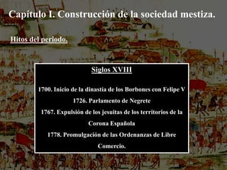 Capítulo I. Construcción de la sociedad mestiza.Hitos del periodo.Siglos XVIII1700. Inicio de la dinastía de los Borbones con Felipe V1726. Parlamento de Negrete1767. Expulsión de los jesuitas de los territorios de la Corona Española1778. Promulgación de las Ordenanzas de Libre Comercio.