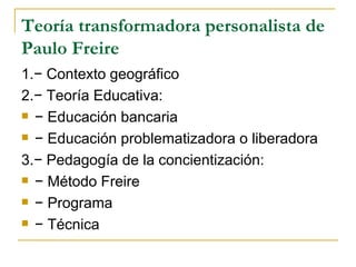 Teoría transformadora personalista de
Paulo Freire
1.− Contexto geográfico
2.− Teoría Educativa:
 − Educación bancaria

 − Educación problematizadora o liberadora

3.− Pedagogía de la concientización:
 − Método Freire

 − Programa

 − Técnica
 