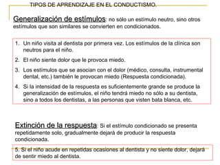 TIPOS DE APRENDIZAJE EN EL CONDUCTISMO.

Generalización de estímulos: no sólo un estímulo neutro, sino otros
estímulos que son similares se convierten en condicionados.


1. Un niño visita al dentista por primera vez. Los estímulos de la clínica son
   neutros para el niño.
2. El niño siente dolor que le provoca miedo.
3. Los estímulos que se asocian con el dolor (médico, consulta, instrumental
   dental, etc.) también le provocan miedo (Respuesta condicionada).
4. Si la intensidad de la respuesta es suficientemente grande se produce la
   generalización de estímulos, el niño tendrá miedo no sólo a su dentista,
   sino a todos los dentistas, a las personas que visten bata blanca, etc.



Extinción de la respuesta: Si el estímulo condicionado se presenta
repetidamente solo, gradualmente dejará de producir la respuesta
condicionada.
5. Si el niño acude en repetidas ocasiones al dentista y no siente dolor, dejará
de sentir miedo al dentista.
 