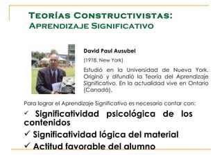 Teorías Constructivistas:
    Aprendizaje Significativo

                      David Paul Ausubel
                      (1918, New York)

                      Estudió en la Universidad de Nueva York.
                      Originó y difundió la Teoría del Aprendizaje
                      Significativo. En la actualidad vive en Ontario
                      (Canadá).

Para lograr el Aprendizaje Significativo es necesario contar con:
 Significatividad psicológica de los
contenidos
 Significatividad lógica del material
 Actitud favorable del alumno
 