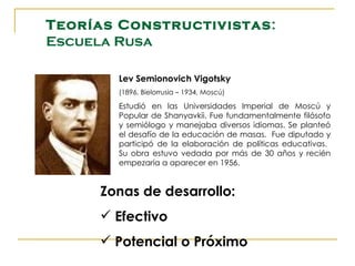Teorías Constructivistas:
Escuela Rusa

       Lev Semionovich Vigotsky
       (1896, Bielorrusia – 1934, Moscú)

       Estudió en las Universidades Imperial de Moscú y
       Popular de Shanyavkii. Fue fundamentalmente filósofo
       y semiólogo y manejaba diversos idiomas. Se planteó
       el desafío de la educación de masas. Fue diputado y
       participó de la elaboración de políticas educativas.
       Su obra estuvo vedada por más de 30 años y recién
       empezaría a aparecer en 1956.


     Zonas de desarrollo:
      Efectivo
      Potencial o Próximo
 