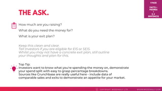 THE ASK.
Top Tip: 
Investors want to know what you're spending the money on, demonstrate
your spend split with easy to grasp percentage breakdowns.
Sources like Crunchbase are really useful here - include data of
comparable sales and exits to demonstrate an appetite for your market.
COPYRI GHT WEDDI NGLY LTD WEAREWEDDI NGLY. COMC
How much are you raising?
What do you need the money for?
What is your exit plan?
1 PAGE
FACTS +
FIGURES
+
2-3
SENTENCES
Keep this clean and clear.
Tell Investors if you are eligible for EIS or SEIS.
Whilst you may not have a concrete exit plan, still outline
your thoughts and plan for this.
 