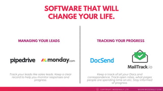 SOFTWARE THAT WILL
CHANGE YOUR LIFE.
COPYRI GHT WEDDI NGLY LTD WEAREWEDDI NGLY. COMC
MANAGING YOUR LEADS TRACKING YOUR PROGRESS
Track your leads like sales leads. Keep a clear
record to help you monitor responses and
progress.
Keep a track of all your Docs and
correspondence. Track open rates, what pages
people are spending time on etc. Stay informed
of progress.
 