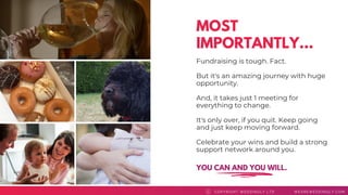 MOST
IMPORTANTLY...
COPYRI GHT WEDDI NGLY LTD WEAREWEDDI NGLY. COMC
Fundraising is tough. Fact.
But it's an amazing journey with huge
opportunity.
And, it takes just 1 meeting for
everything to change.
It's only over, if you quit. Keep going
and just keep moving forward.
Celebrate your wins and build a strong
support network around you.
YOU CAN AND YOU WILL.
 