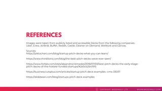 REFERENCES
COPYRI GHT WEDDI NGLY LTD WEAREWEDDI NGLY. COMC
Images were taken from publicly listed and accessible Decks from the following companies.
Uber, Crew, AirBnB, Buffer, Reddit, Castle, Cleaner on Demand, WeWork and Canvas.
Sources:
https://piktochart.com/blog/startup-pitch-decks-what-you-can-learn/
https://www.thinklions.com/blog/the-best-pitch-decks-weve-ever-seen/
https://www.forbes.com/sites/alejandrocremades/2018/07/03/best-pitch-decks-the-early-stage-
pitch-decks-of-the-hottest-funded-startups/#2e5cb2b41915
https://business.tutsplus.com/articles/startup-pitch-deck-examples--cms-33037
https://slidebean.com/blog/startups-pitch-deck-examples
 