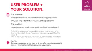 COPYRI GHT WEDDI NGLY LTD WEAREWEDDI NGLY. COMC
USER PROBLEM +
YOUR SOLUTION.
The problem. 
What problem are your customers struggling with?
Why is it important that you solve this problem?
The solution. 
How does your product or service solve that problem?
1 - 2
PAGES
2 -3
SENTENCES
GRAPHICS
Top Tip: 
Comparators are a great way to draw reference to successful
stories + immediately illustrate what you mean.
Paint the picture of the problem your customers are
facing. Then tell them how you’re uniquely qualified to
solve it.
This is how you’ll prove your value potential to investors.
 
