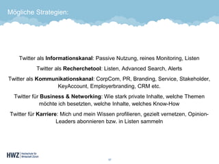 Mögliche Strategien: 
Twitter als Informationskanal: Passive Nutzung, reines Monitoring, Listen 
Twitter als Recherchetool: Listen, Advanced Search, Alerts 
Twitter als Kommunikationskanal: CorpCom, PR, Branding, Service, Stakeholder, KeyAccount, Employerbranding, CRM etc. 
Twitter für Business & Networking: Wie stark private Inhalte, welche Themen möchte ich besetzten, welche Inhalte, welches Know-How 
Twitter für Karriere: Mich und mein Wissen profilieren, gezielt vernetzen, Opinion- Leaders abonnieren bzw. in Listen sammeln 
57 
 
