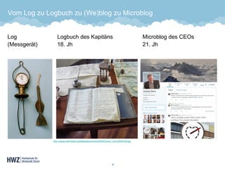 Vom Log zu Logbuch zu (We)blog zu Microblog 
Log Logbuch des KapitänsMicroblog des CEOs(Messgerät)18. Jh21. Jh 
8 
http://upload.wikimedia.org/wikipedia/commons/9/95/Grand_Turk%2834%29.jpg  