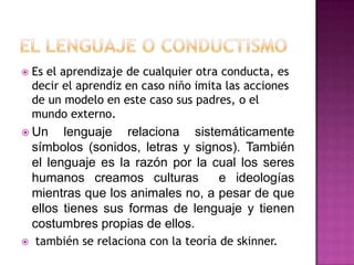  Es el aprendizaje de cualquier otra conducta, es
decir el aprendiz en caso niño imita las acciones
de un modelo en este caso sus padres, o el
mundo externo.
 Un lenguaje relaciona sistemáticamente
símbolos (sonidos, letras y signos). También
el lenguaje es la razón por la cual los seres
humanos creamos culturas e ideologías
mientras que los animales no, a pesar de que
ellos tienes sus formas de lenguaje y tienen
costumbres propias de ellos.
 también se relaciona con la teoría de skinner.
 