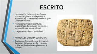 ESCRITO
•
•
•

La evolución de la escritura fue un
proceso originado por la práctica
económica y la necesidad en el Antiguo
Oriente Próximo
Primeras formas de escritura:
logográficas (basadas en elementos
pictográficos e ideográficos)
Luego desarrollaron un silabario

• PRIMERA ESCRITURA CONOCIDA:
Protocuneiforme (Denise SchmandtBesserat) fichas de arcilla - bienes y
unidades de tiempo empleado en el
trabajo

 