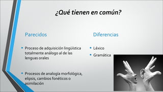 ¿Qué tienen en común?
Parecidos

• Proceso de adquisición lingüística
totalmente análogo al de las
lenguas orales

• Procesos de analogía morfológica,
elipsis, cambios fonéticos o
asimilación

Diferencias

• Léxico
• Gramática

 