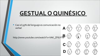 GESTUAL O QUINÉSICO
• Casi el 93% del lenguaje es comunicación no
verbal

http://www.youtube.com/watch?v=VAK_ZF6JYTs

 