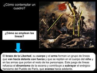 ¿Cómo contemplar un cuadro? ¿Cómo se emplean las líneas? El  brazo de la Libertad , su  cuerpo  y el  arma  forman un grupo de líneas que  van hacia delante con fuerza  y que se repiten en el cuerpo del  niño  y en las armas que portan el resto de los personajes. Este juego de líneas refuerza el  dinamismo  de la escena y contribuye a  subrayar  el enérgico heroismo del Pueblo de París, que  avanza  hacia adelante. 