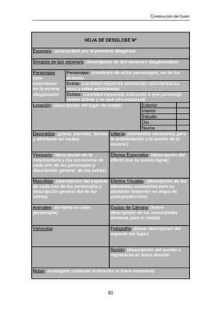 Construcción del Guión




                        HOJA DE DESGLOSE Nº

Escena/s: (alcanzada/s por el presente desglose)

Sinopsis de la/s escena/s: (descripción de la/s escena/s desglosada/s)

Personajes      Personajes: (nombre/s de el/los personaje/s, no de los
(que            actores)
Intervienen     Extras: (cantidad requerida señalando características,
en la escena    sexo y edad aproximada)
desglosada)     Dobles: (cantidad requerida indicando a qué personaje
                deben doblar y en qué circunstancia)
Locación: (descripción del lugar de rodaje)         Exterior
                                                    Interior
                                                    Estudio
                                                    Día
                                                    Noche
Decorados: (pisos, paredes, techos Utilería: (elementos necesarios para
y aberturas no reales)                la ambientación y la acción de la
                                      escena )

Vestuario: (descripción de la      Efectos Especiales: (descripción del
indumentaria y los accesorios de   efecto que se quiere lograr)
cada uno de los personajes y
descripción general de los extras)

Maquillaje: (descripción del aspecto   Efectos Visuales: (descripción de los
de cada uno de los personajes y        elementos necesarios para su
descripción general del de los         posterior inserción en etapa de
extras)                                post-producción)

Animales: (en tanto no sean            Equipo de Cámara: (breve
personajes)                            descripción de las necesidades
                                       mínimas para el rodaje)

Vehículos:                             Fotografía: (breve descripción del
                                       aspecto del lugar)


                                       Sonido: (descripción del sonido a
                                       registrarse en toma directa)


Notas: (consignar cualquier aclaración si fuera necesaria)



                                       80
 