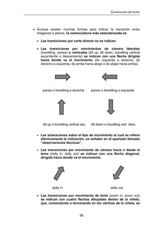 Construcción del Guión




• Aunque existen muchas formas para indicar la transición entre
  imágenes o planos, la nomenclatura más estandarizada es:

  • Las transiciones por corte directo no se indican.

  • Las transiciones por movimientos de cámara laterales
    (travelling, paneo) o verticales (tilt up, tilt down, travelling vertical
    ascendente o descendente) se indican con una flecha dirigida
    hacia donde va el movimiento (de izquierda a derecha, de
    derecha a izquierda, de arriba hacia abajo o de abajo hacia arriba).




      paneo o travelling a derecha         paneo o travelling a izquierda




      tilt up o travelling vertical asc.   tilt down o travelling vert. desc.


  • Las aclaraciones sobre el tipo de movimiento al cual se refiere
    efectivamente la indicación, se señalan en el apartado llamado
    “observaciones técnicas”.

  • Las transiciones por movimiento de cámara hacia o desde el
    tema (dolly in, dolly out) se indican con una flecha diagonal,
    dirigida hacia donde va el movimiento.




             dolly in                                    dolly out

  • Las transiciones por movimiento de lente (zoom in, zoom out)
    se indican con cuatro flechas dibujadas dentro de la viñeta,
    que, comenzando o terminando en los vértices de la viñeta, se


                                   88
 