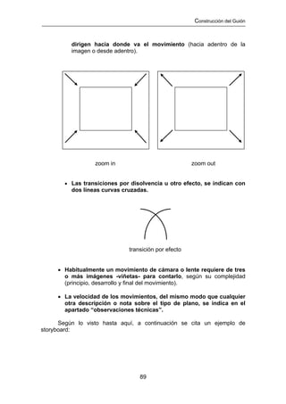 Construcción del Guión



          dirigen hacia donde va el movimiento (hacia adentro de la
          imagen o desde adentro).




                  zoom in                             zoom out


        • Las transiciones por disolvencia u otro efecto, se indican con
          dos líneas curvas cruzadas.




                              transición por efecto


     • Habitualmente un movimiento de cámara o lente requiere de tres
       o más imágenes -viñetas- para contarlo, según su complejidad
       (principio, desarrollo y final del movimiento).

     • La velocidad de los movimientos, del mismo modo que cualquier
       otra descripción o nota sobre el tipo de plano, se indica en el
       apartado “observaciones técnicas”.

      Según lo visto hasta aquí, a continuación se cita un ejemplo de
storyboard:




                                  89
 