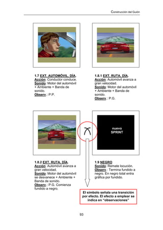 Construcción del Guión




1.7 EXT. AUTOMÓVIL. DÍA.               1.8.1 EXT. RUTA. DÍA.
Acción: Conductor conduce.             Acción: Automóvil avanza a
Sonido: Motor del automóvil            gran velocidad.
+ Ambiente + Banda de                  Sonido: Motor del automóvil
sonido.                                + Ambiente + Banda de
Observ.: P.P.                          sonido.
                                       Observ.: P.G.




                                                  nuevo
                                                 SPRINT




1.8.2 EXT. RUTA. DÍA.                  1.9 NEGRO
Acción: Automóvil avanza a             Sonido: Remate locución.
gran velocidad.                        Observ.: Termina fundido a
Sonido: Motor del automóvil            negro. En negro total entra
se desvanece + Ambiente +              gráfica por fundido.
Banda de sonido.
Observ.: P.G. Comienza
fundido a negro.
                               El símbolo señala una transición
                               por efecto. El efecto a emplear se
                                  indica en “observaciones”



                              93
 