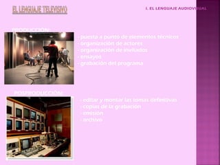 I. EL LENGUAJE AUDIOVISUAL
PRODUCCIÓN:
- puesta a punto de elementos técnicos
- organización de actores
- organización de invitados
- ensayos
- grabación del programa
POSPRODUCCIÓN:
- editar y montar las tomas definitivas
- copias de la grabación
- emisión
- archivo
 