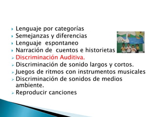  Lenguaje por categorías 
 Semejanzas y diferencias 
 Lenguaje espontaneo 
 Narración de cuentos e historietas 
 Discriminación Auditiva. 
 Discriminación de sonido largos y cortos. 
 Juegos de ritmos con instrumentos musicales 
 Discriminación de sonidos de medios 
ambiente. 
 Reproducir canciones 
 