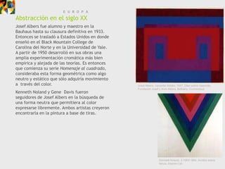 E U R O P A
Abstracción en el siglo XX
Josef Albers fue alumno y maestro en la
Bauhaus hasta su clausura definitiva en 1933.
Entonces se trasladó a Estados Unidos en donde
enseñó en el Black Mountain College de
Carolina del Norte y en la Universidad de Yale.
A partir de 1950 desarrolló en sus obras una
amplia experimentación cromática más bien
empírica y alejada de las teorías. Es entonces
que comienza su serie Homenaje al cuadrado,
consideraba esta forma geométrica como algo
neutro y estático que sólo adquiría movimiento
a través del color.                               Josef Albers, Variante/ Adobe, 1947. Óleo sobre masonite.
                                                  Fundación Josef y Anni Albers, Bethany, Connecticut.
Kenneth Noland y Gene Davis fueron
seguidores de Josef Albers en la búsqueda de
una forma neutra que permitiera al color
expresarse libremente. Ambos artistas creyeron
encontrarla en la pintura a base de tiras.




                                                                  Kennetk Noland, 2-1964,1964, Acrílico sobre
                                                                  lienzo, Kasmin Ltd.
 